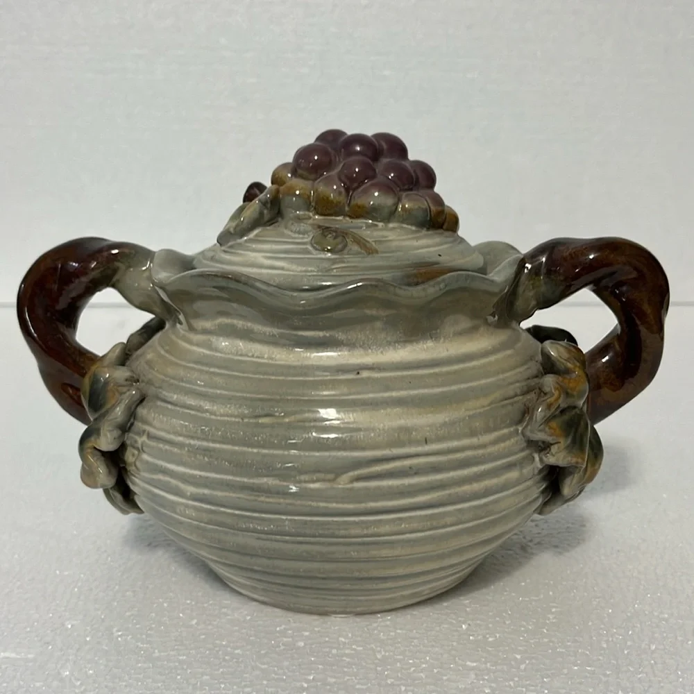 Rustic Vtg Medium Tureen Lidded Bowl Studio Art Pottery with Grape and Leaves